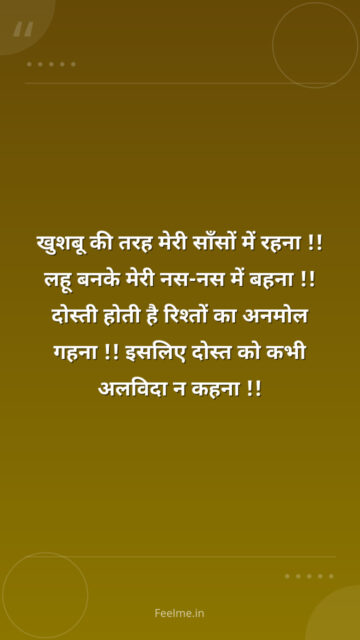 खुशबू  की तरह मेरी साँसों  में रहना !! लहू  बनके मेरी नस-नस में  बहना !! दोस्ती  होती है रिश्तों का  अनमोल गहना !! इसलिए  दोस्त को कभी  अलविदा न कहना !!