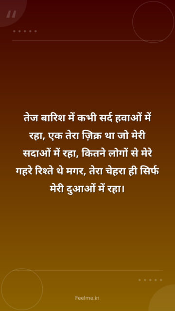 तेज बारिश में कभी सर्द हवाओं में रहा, एक तेरा ज़िक्र था जो मेरी सदाओं में रहा, कितने लोगों से मेरे गहरे रिश्ते थे मगर, तेरा चेहरा ही सिर्फ मेरी दुआओं में रहा।